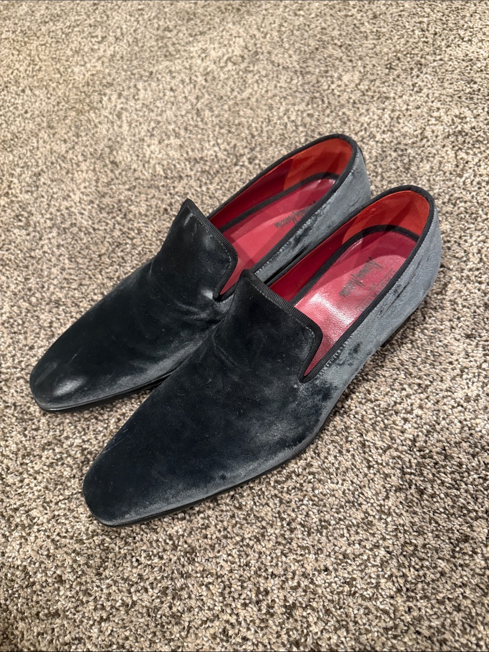 Magnanni Black Velvet Slip-On Loafers with Red Lining